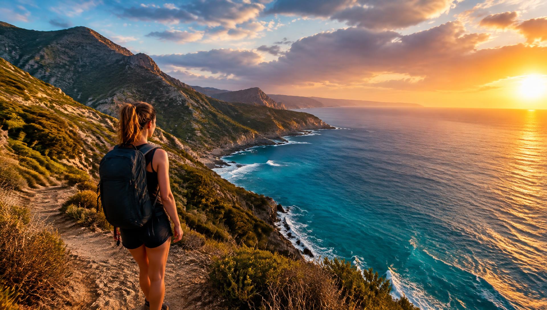 Traveler on a coastal cliff path at sunset